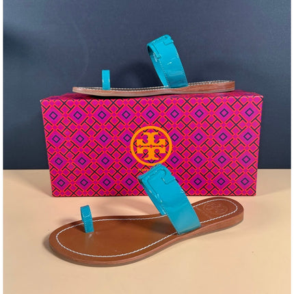 Tory Burch Reef Turquoise Brown Leather Toe Ring Flat Slide Sandals W6.5 NIB