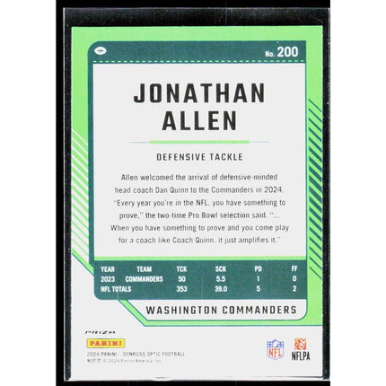 Jonathan Allen 2024 Donruss Optic Holo #200 Washington Commanders