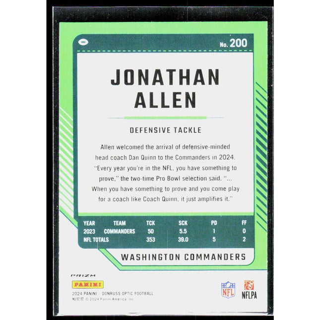 Jonathan Allen 2024 Donruss Optic Holo #200 Washington Commanders