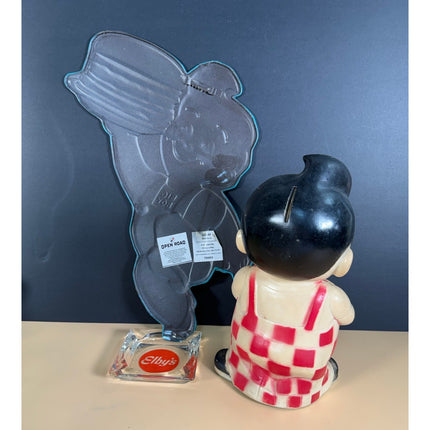 Elby’s Big Boy Coin Bank 9" Doll, Ashtray & Modern Tin Sign Lot 3 Collectibles