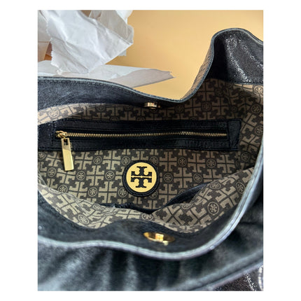 Tory Burch Glazed Black Leather Hobo Handbag Large Shoulder Bag