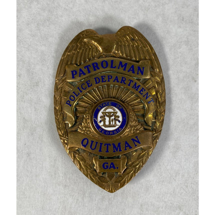 Vintage Quitman GA Patrolman Police Department Badge Hi-Glo Obsolete