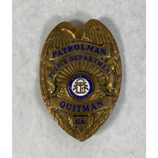 Vintage Quitman GA Patrolman Police Department Badge Hi-Glo Obsolete