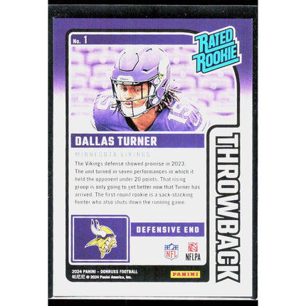 Dallas Turner 2024 Donruss Rated Rookies Throwback #1 Minnesota Vikings