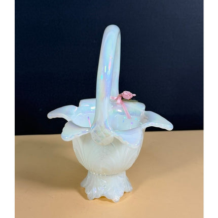 Fenton Opalescent Flowered Basket 6.5" White Vintage Art Glass