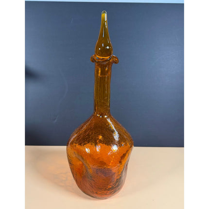 Vintage Orange Crackle Art Glass Decanter Stoppered Bottle