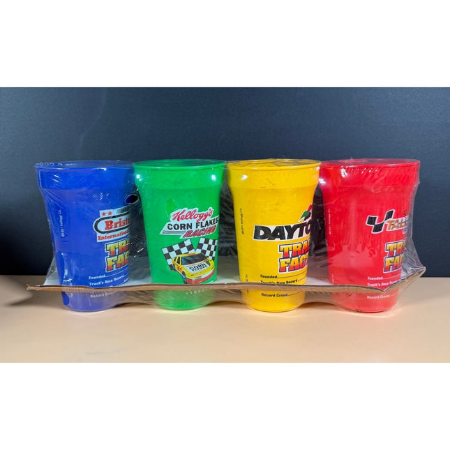 Vintage Kellogg’s Corn Flakes Multi-Color Race Track Plastic Tumblers Cup Sealed