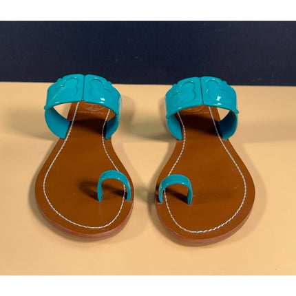 Tory Burch Reef Turquoise Brown Leather Toe Ring Flat Slide Sandals W6.5 NIB
