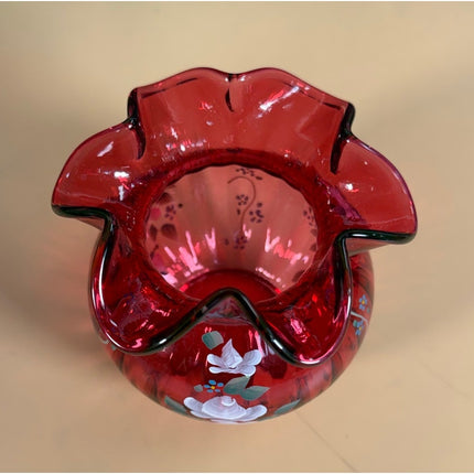 Fenton Cranberry Glass Vase Hand Signed C. Smith Painted Floral Ruffled Rim