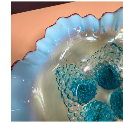 Antique Jefferson Blue Opalescent Footed Bowl Ruffled Cranberry Rim 7"