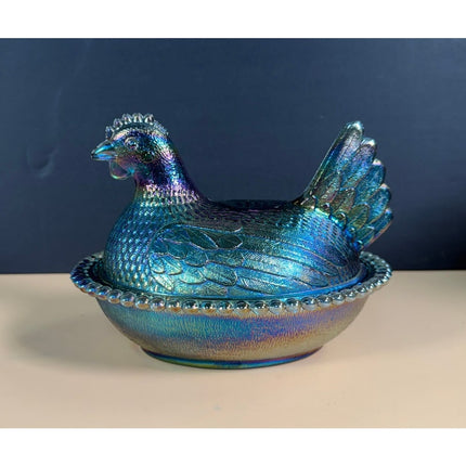 Indiana Glass Iridescent Blue Carnival Hen on Nest Covered Dish 7" Vintage