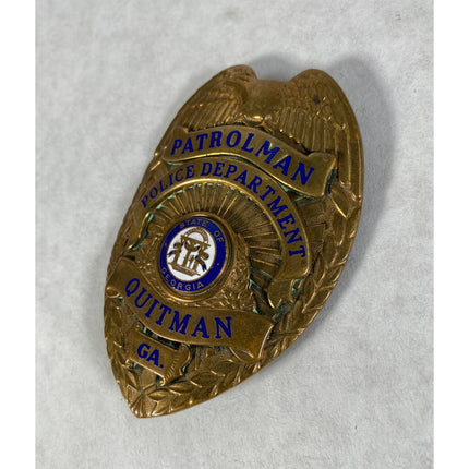 Vintage Quitman GA Patrolman Police Department Badge Hi-Glo Obsolete
