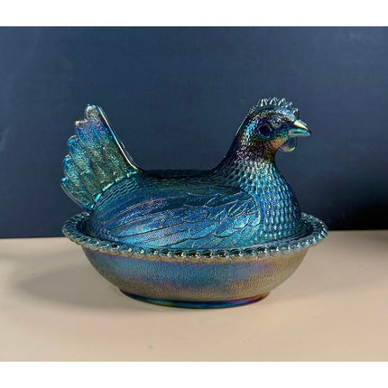 Indiana Glass Iridescent Blue Carnival Hen on Nest Covered Dish 7" Vintage