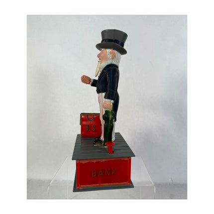 Vintage Uncle Sam  9" Plastic Mechanical Coin Bank Figure — Working!