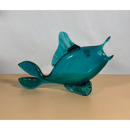 Vintage Blue Crackle Art Glass Fish Figurine Sculpture 11"