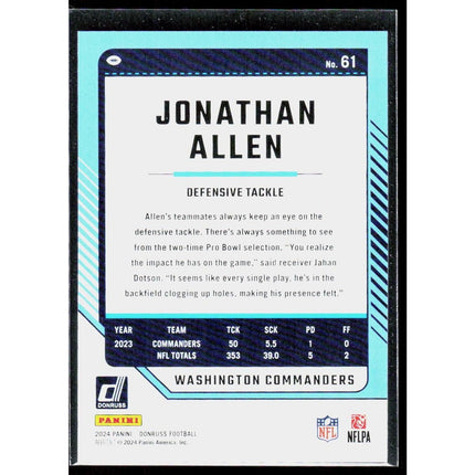 Jonathan Allen 2024 Donruss Press Proof Green #61 Washington Commanders
