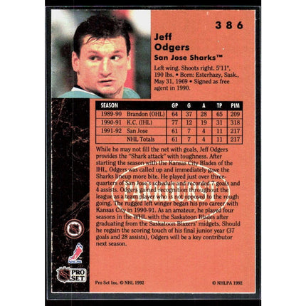 Jeff Odgers 1991-92 Parkhurst #386 RC San Jose Sharks