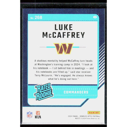 #268 Luke McCaffrey 2024 Donruss Optic RC Washington Commanders