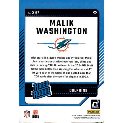 Malik Washington 2024 Donruss #397 RC Miami Dolphins