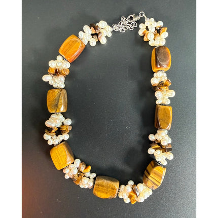 Ross Simons Tiger Eye & Pearl 15" Necklace Sterling Silver Beaded Chunky