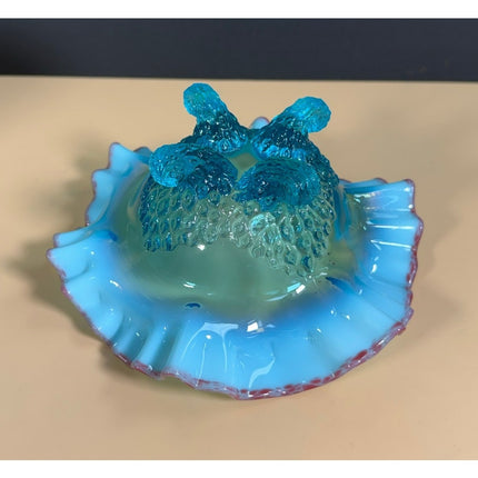 Antique Jefferson Blue Opalescent Footed Bowl Ruffled Cranberry Rim 7"