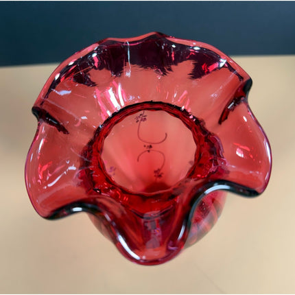 Fenton Cranberry Glass Vase Hand Painted Floral Ruffled Rim Signed C.R. Kelley
