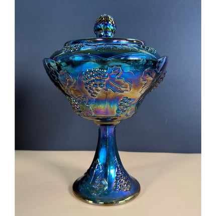 Indiana Carnival Glass Harvest Grape Iridescent 10" Footed Candy Dish Vintage