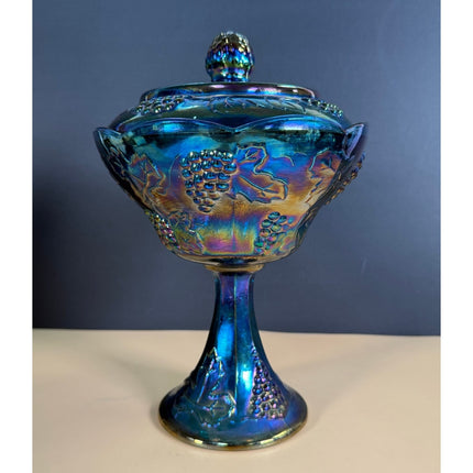 Indiana Carnival Glass Iridescent Harvest Grape 10" Footed Candy Dish
