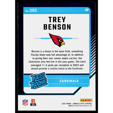 Trey Benson 2024 Donruss Optic #293 RC,Rookie Arizona Cardinals