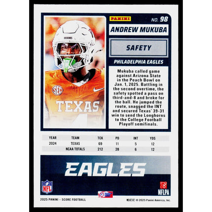 Andrew Mukuba 2025 Score Red Zone #98 SN,RC Philadelphia Eagles