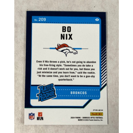 2024 Donruss Optic Bo Nix RC #209 Blue Hyper Prizm Rated Rookie Broncos
