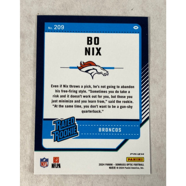 2024 Donruss Optic Bo Nix RC #209 Blue Hyper Prizm Rated Rookie Broncos