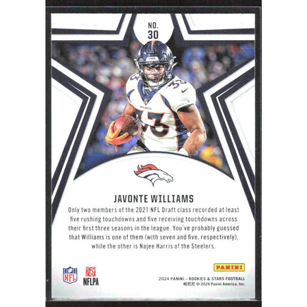 Javonte Williams 2024 Panini Rookies & Stars #30 Denver Broncos