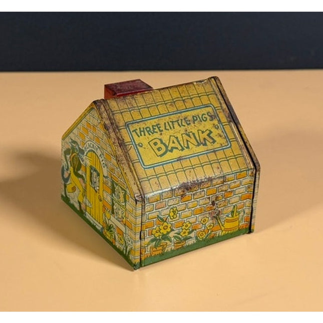 J Chein Three Little Pigs Tin Still Bank Vintage Toy Bank