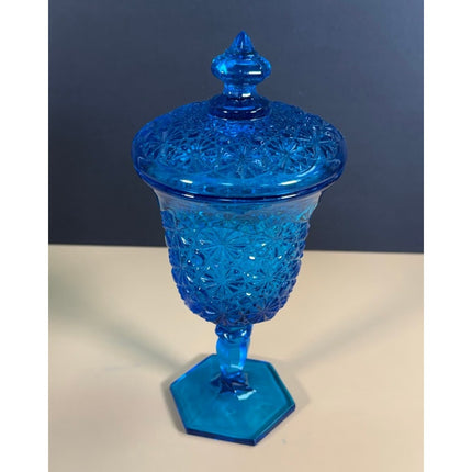 L.E. Smith Blue Daisy & Button Pedestal Candy Dish 8.5" Vintage Glass