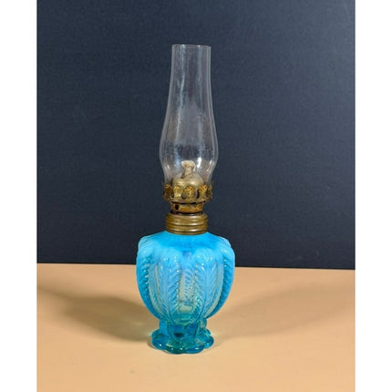 Vintage Blue Opalescent Ribbed Glass Oil Lamp 7 1/4" Tall with Chimney