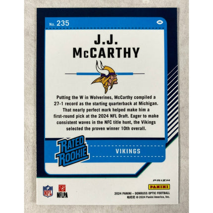 2024 Donruss Optic Rated Rookie J.J. McCarthy RC Pink Prizm #235 Vikings