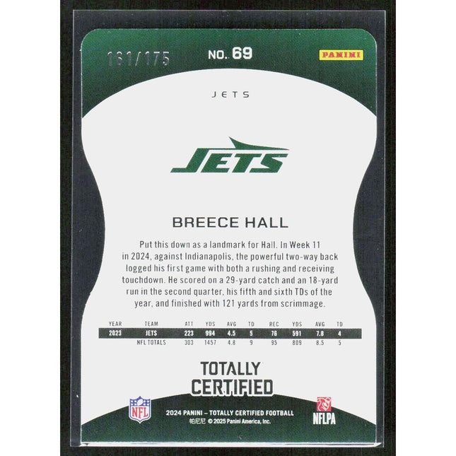 Breece Hall 2024 Panini Totally Certified Mirror Plat Red Die Cut #69 SN NY Jets