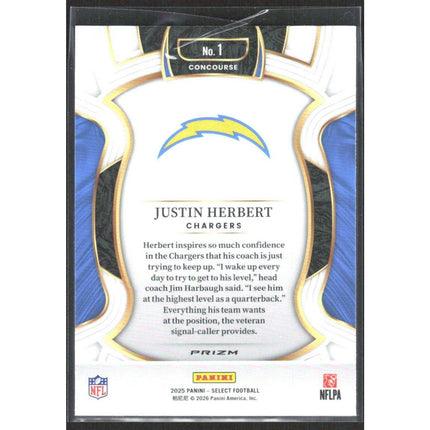 Justin Herbert 2025 Panini Select Silver Prizm #1 Los Angeles Chargers