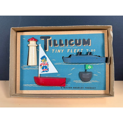 Milton Bradley Tillicum Toys Tiny Fleet T-80 Wooden Boat Set OB Vintage