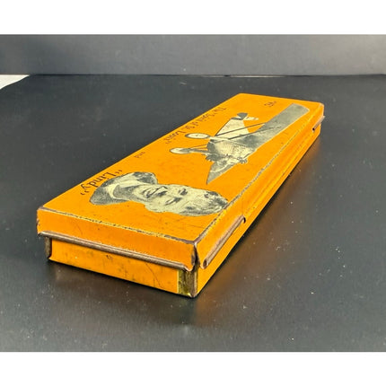 1927 Charles Lindbergh Spirit of St. Louis Orange Metal Pencil Box Case 8"