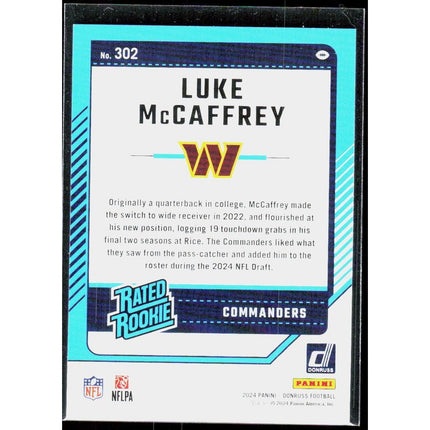 Luke McCaffrey 2024 Donruss #302 Rookie RC Card Washington Commanders