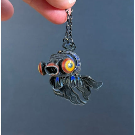 Cloisonne Koi Fish Pendant Sterling Silver 3.5" Vintage Jewelry Collectible