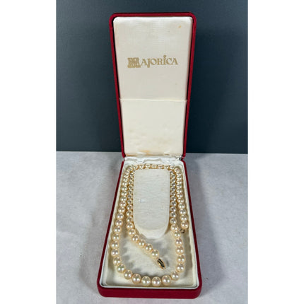 Majorica 14K Pearl Necklace 28” Long with Original Box Vintage