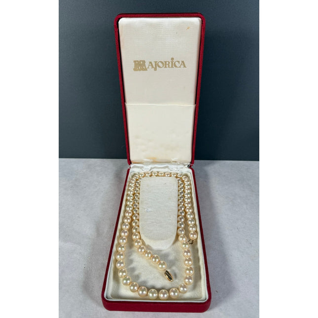 Majorica 14K Pearl Necklace 28” Long with Original Box Vintage