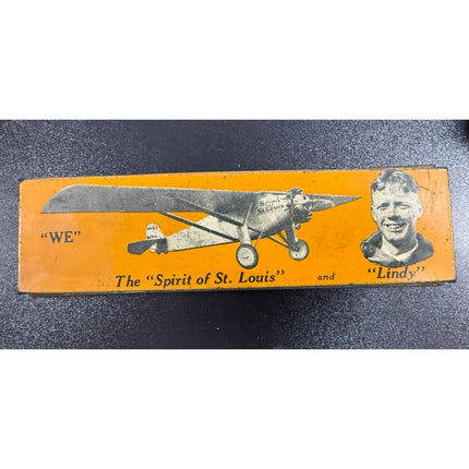 1927 Charles Lindbergh Spirit of St. Louis Orange Metal Pencil Box Case 8"
