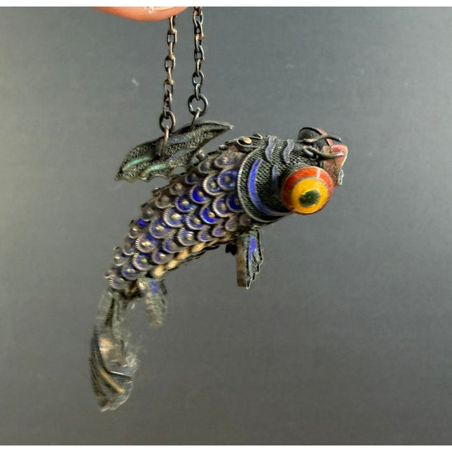 Cloisonne Koi Fish Pendant Sterling Silver 3.5" Vintage Jewelry Collectible