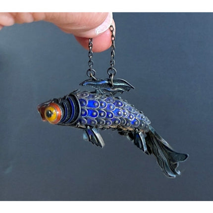 Cloisonne Koi Fish Pendant Sterling Silver 3.5" Vintage Jewelry Collectible