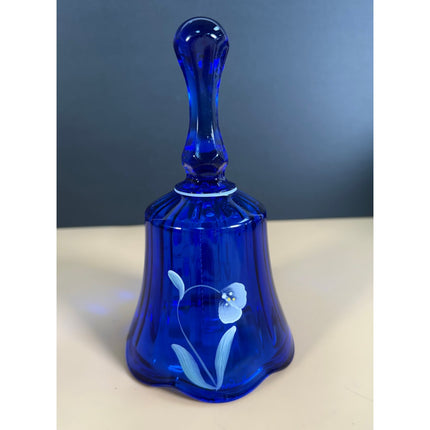 VTG Fenton Cobalt Blue Hand Painted Glass Bell Floral Theme Signed M. Cronin