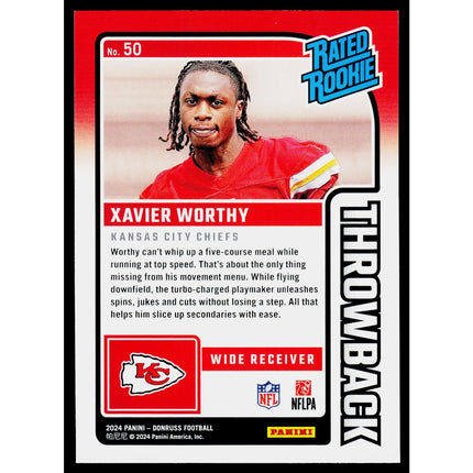 Xavier Worthy 2024 Donruss Rated Rookies Throwback #50 Kansas City Chiefs